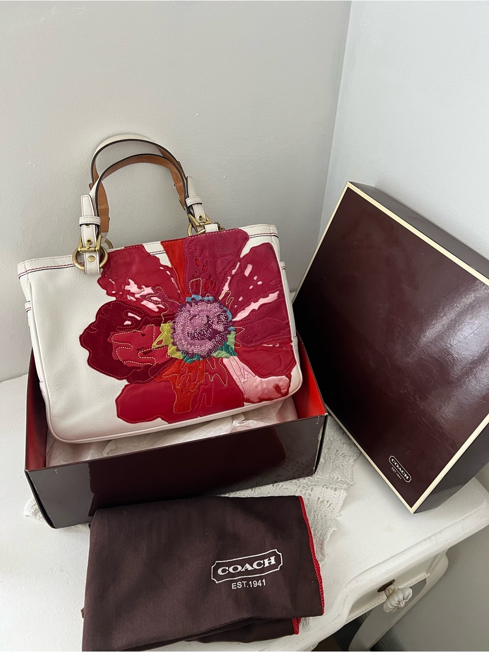 Coach White Leather Tote with Red Floral Applique